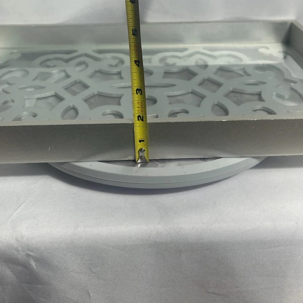 Decorative Serving Tray Silver White Cutout Glass Bottom Handles 17in